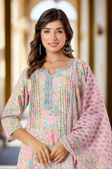 Yellow And Pink Organic Cotton Straight Kurta