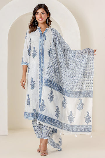 White Blue Organic Mulmul Dupatta