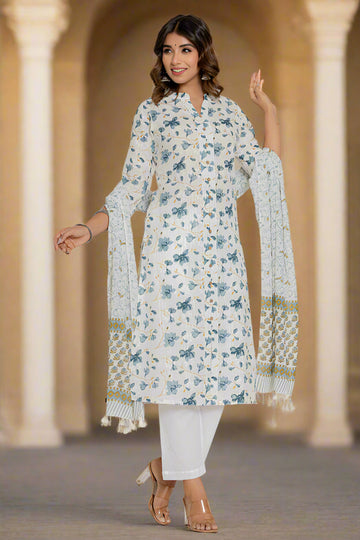 White Blue Printed Mulmul Dupatta