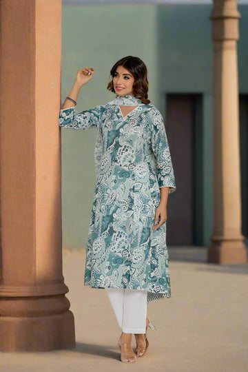 Green Cotton A-line Kurta