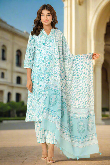 Aqua Blue Cotton Straight Kurta