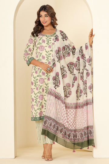 Cream Printed Mulmul Dupatta