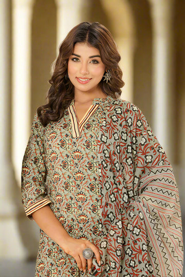 Grey Red Cotton Straight Kurta