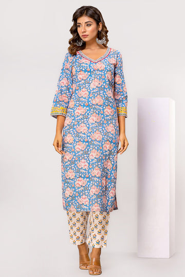 Off White and Blue Organic Cotton Narrow Pants