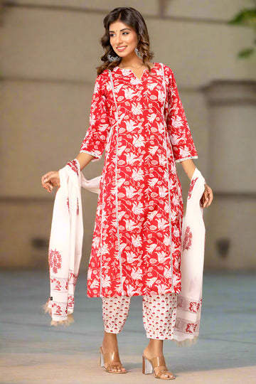 Red And White Organic Cotton Straight Kurta