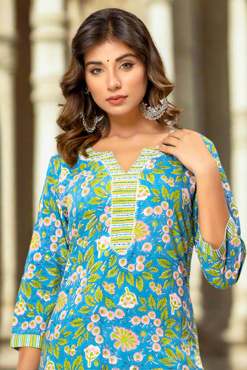 Blue Green Organic Cotton Straight Kurta