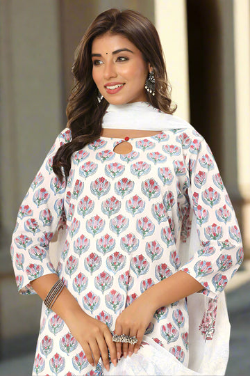 White Pink Organic Cotton Straight Kurta