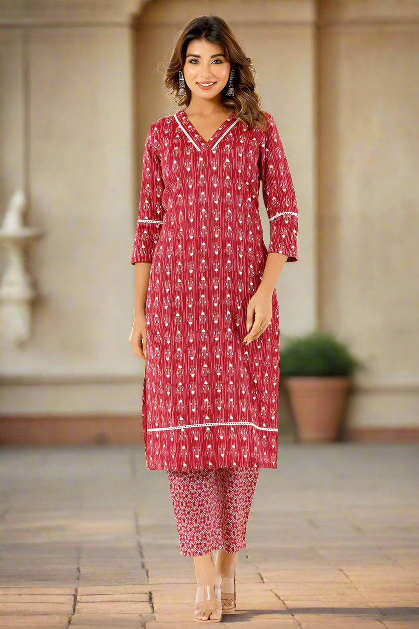 Red Straight Kurta Pant Suit Set
