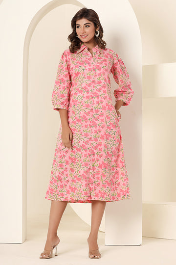 Pink Handblock Printed  Organic Cotton Dress