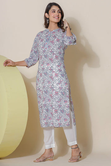 White Pink Organic Cotton Straight Kurta