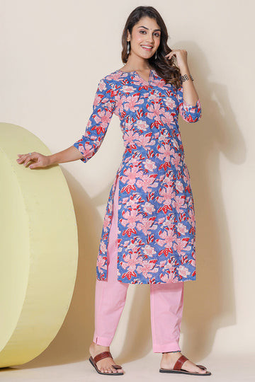 Blue and Pink Organic Cotton Straight Kurta