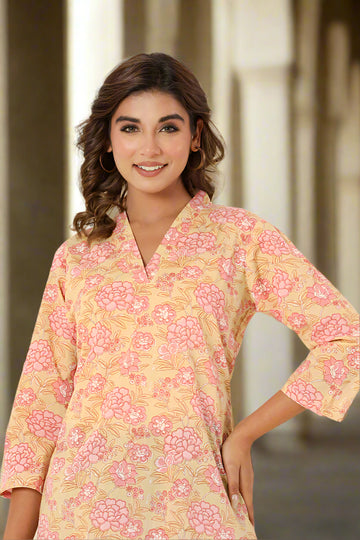 Yellow Pink Cotton Short Kurta