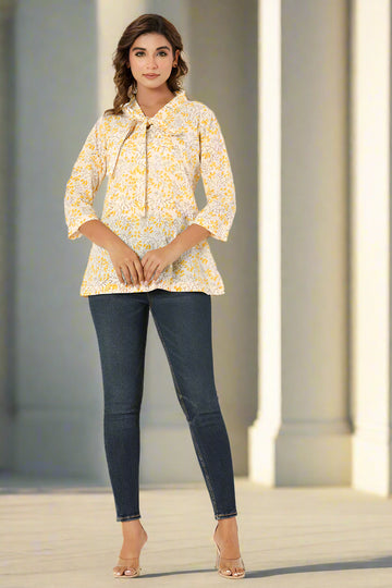 Yellow and White Organic Cotton Short Kurta