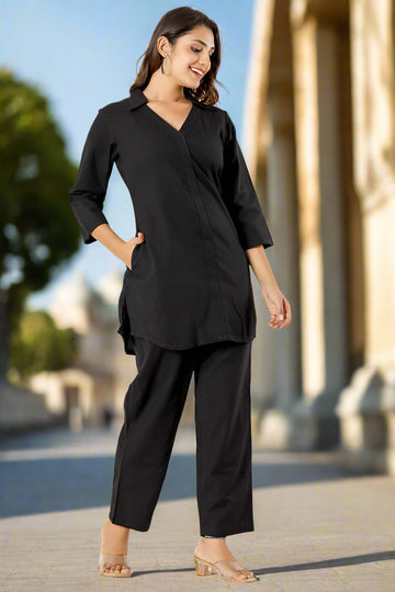Black Cotton Linen Short Kurta