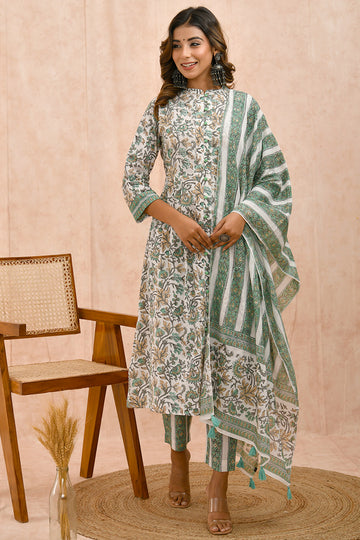 Off White Green Printed Organic Mulmul Dupatta