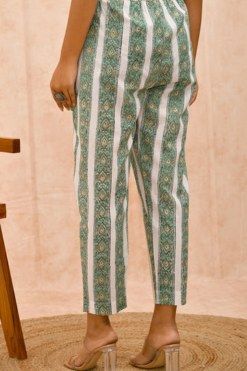 Off White Green Printed Organic Cotton Cigarette Pants