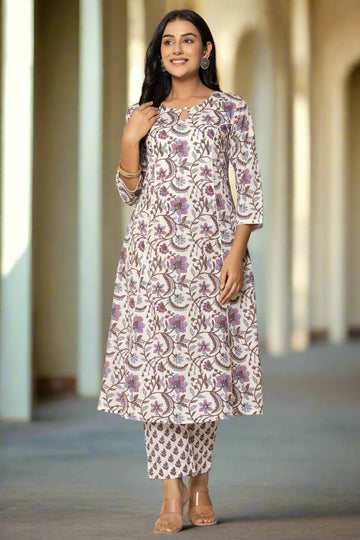 Cream Printed Cotton Narrow Pants