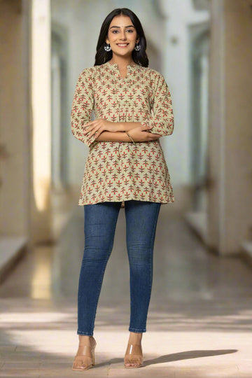 Mint Green Printed Cotton Short Kurta
