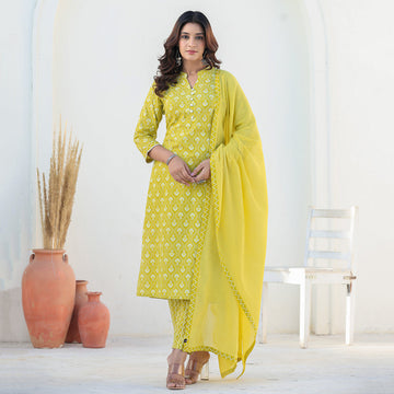 Yellow Cotton Straight Suit Set with Dupatta