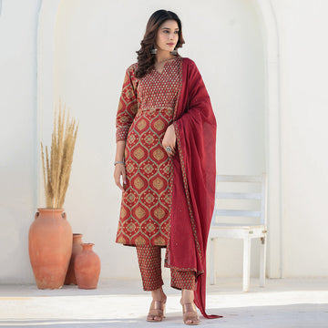 Red Cotton Straight Suit Set with Dupatta