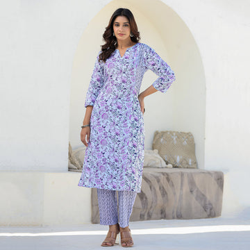 Purple Cotton Straight Suit Set with Dupatta