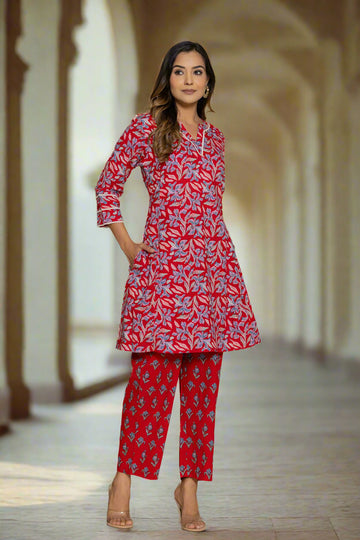 Red Floral Cotton Co-ord Set with Lace Work