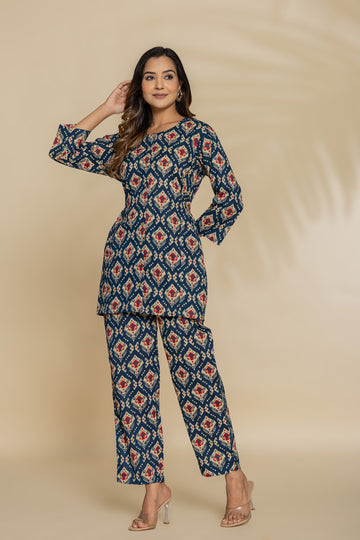 Navy Blue Ikkat Cotton Short Kurta