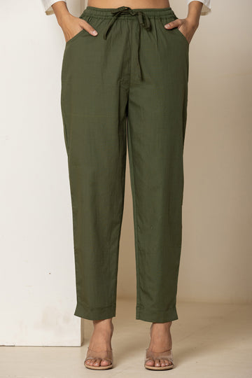 Olive Green Cotton Narrow Pants