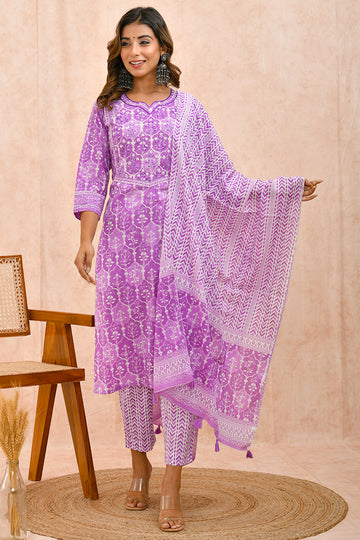 Violet and White Printed Organic Mulmul Dupatta