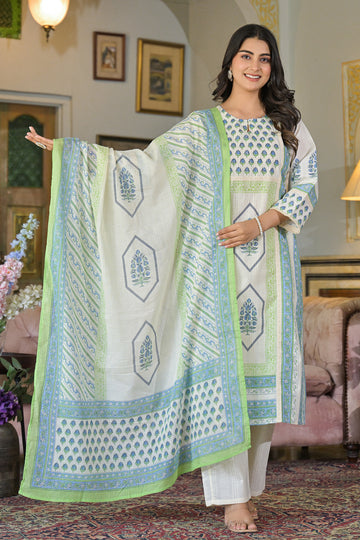 White Sea Green Straight Suit Set with Dupatta