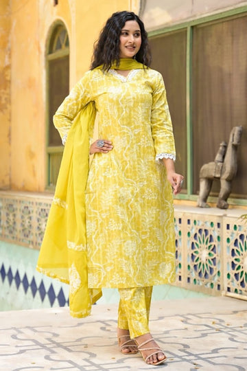 Yellow White Straight Suit Set with Dupatta