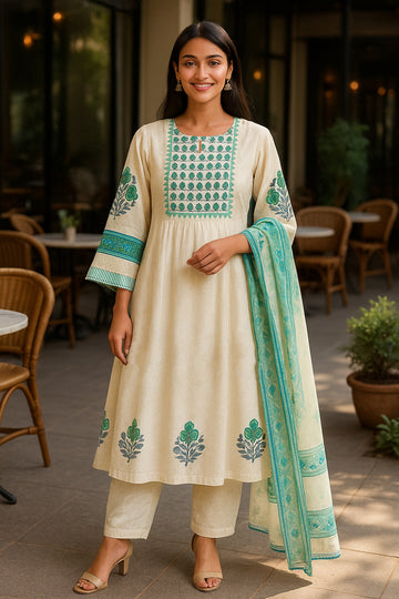 Blue White Anarkali Suit Set with Dupatta