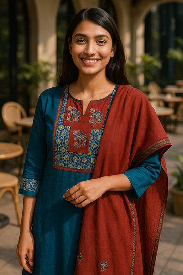 Blue Red Straight Suit Set with Dupatta