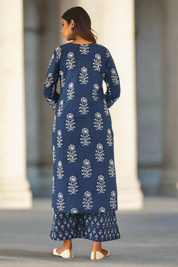 Indigo Asymmetrical Organic Cotton A-line Kurta with Pockets