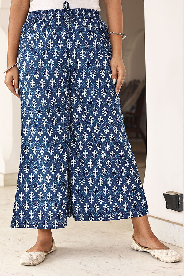 Indian Comfortable Blue Printed 100% Pure Cotton Women Palazzo