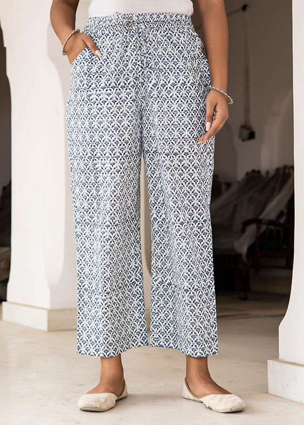 White Blue Cotton Narrow Pants main image 0