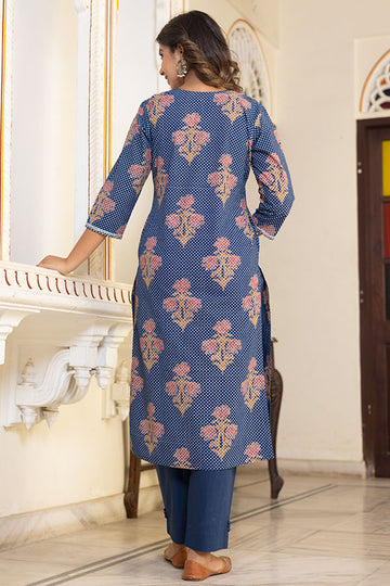 Navy Blue Organic Cotton Straight Kurta with Pockets