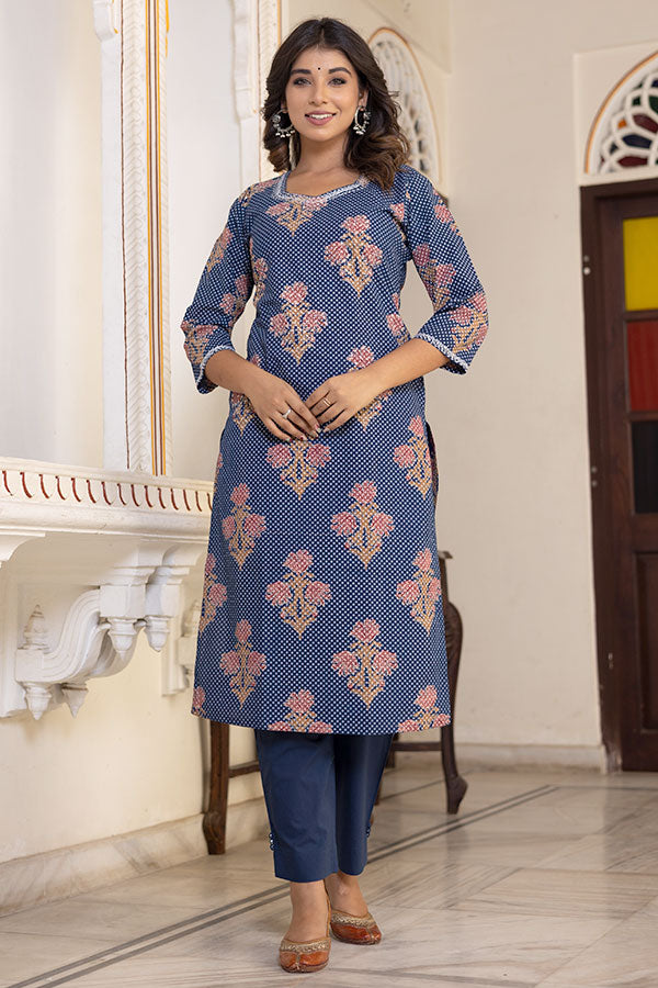 Navy Blue Cotton Straight Fit Lace Border Kurta with Trouser