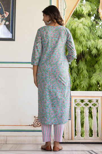 Pink Green Organic Cotton Straight Kurta with Pockets