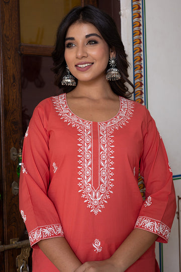 Red Organic Cotton Straight Kurta with Pockets