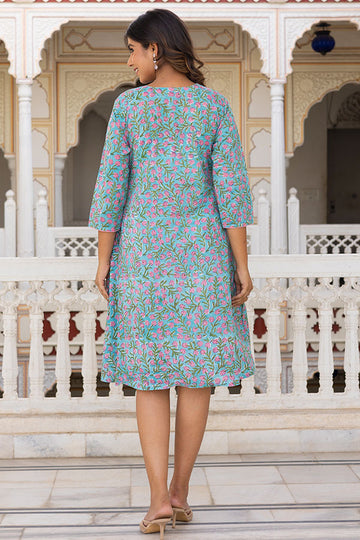 Green Pink Angrakha Organic Cotton Dress