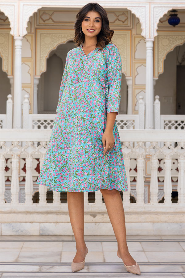 Green Pink Angrakha Cotton Dress