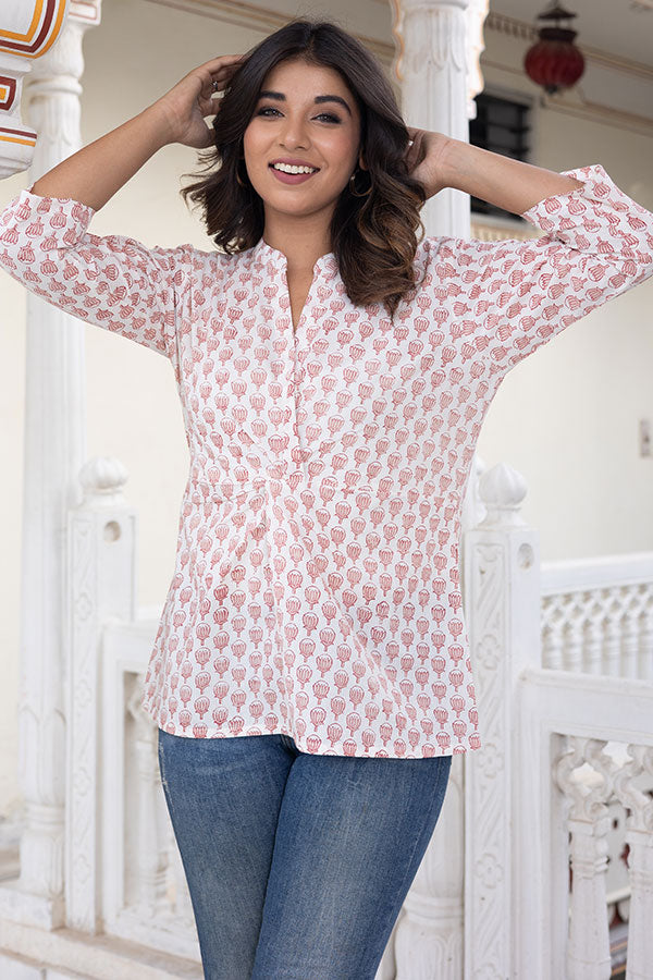 White Pink Cotton Short Kurta - Main Image