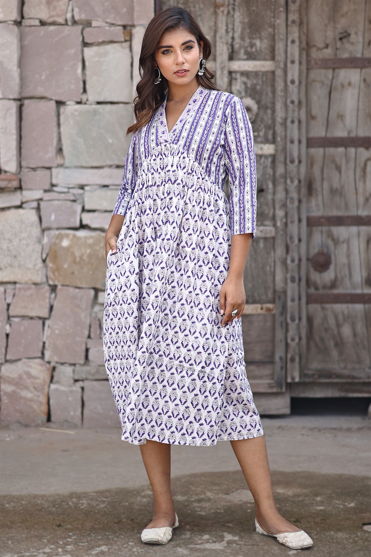 White Purple Cotton Dress