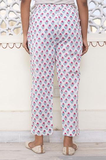 White Pink Hand Printed Organic Cotton Narrow Pants