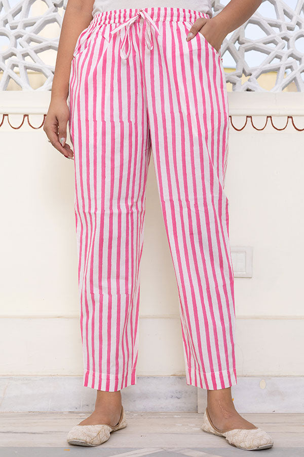 Pink White Cotton Pencil Pants