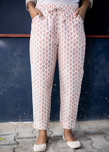 White Pink Printed Organic Cotton Narrow Pants