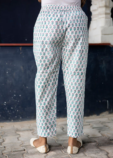 White Green Printed Organic Cotton Narrow Pants