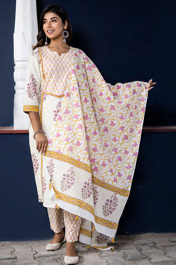 White Yellow Organic Mulmul Dupatta