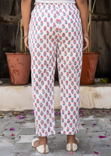 White Pink Block Printed Organic Cotton Narrow Pants
